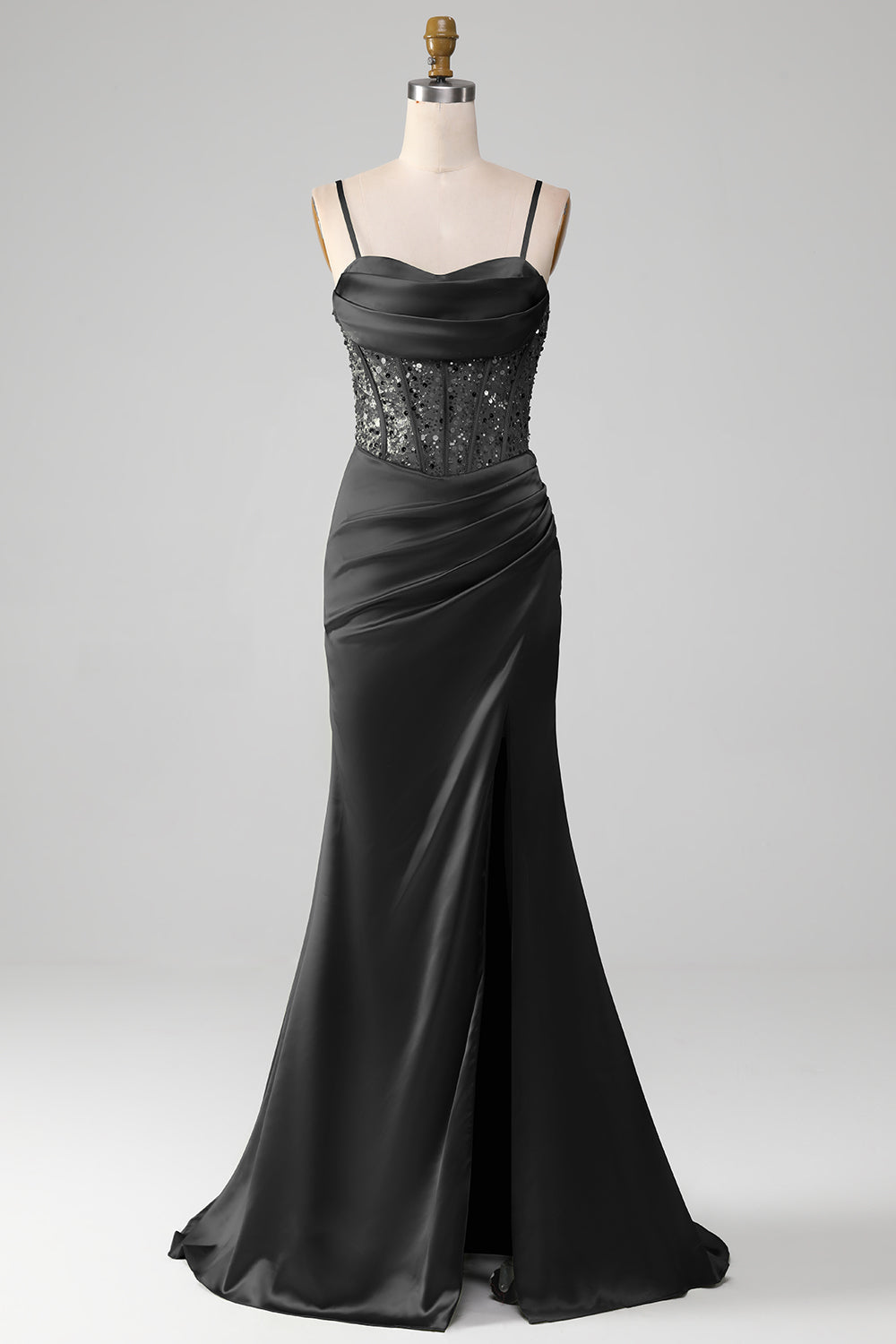Salbeigrünes Spaghettiträger Satin Plissee Meerjungfrau Korsett Ballkleid