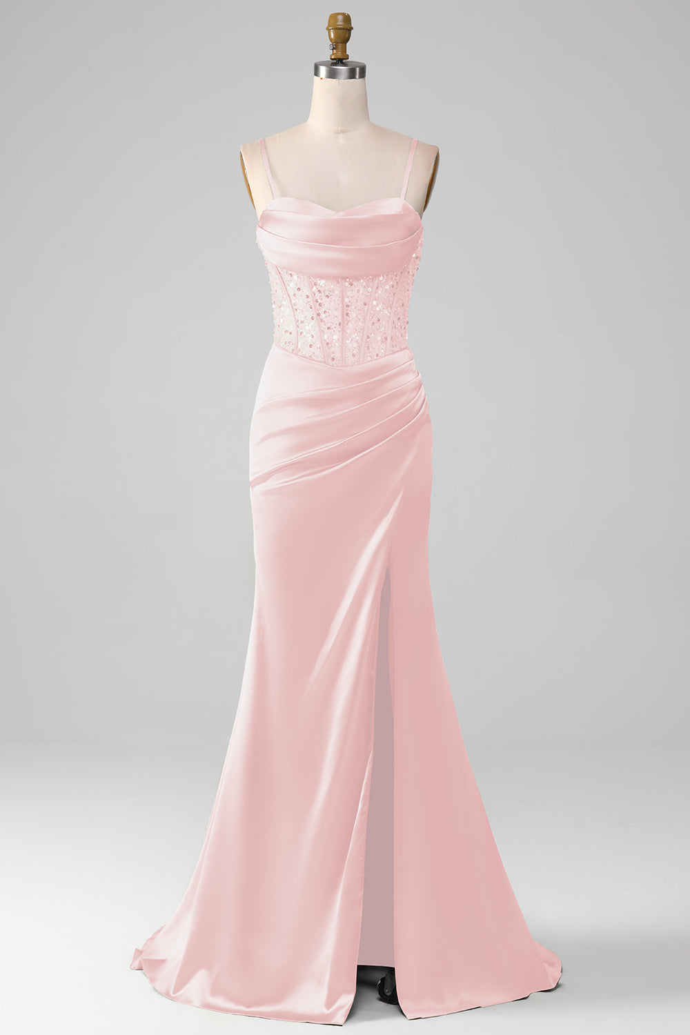 Vestido de fiesta sirena de satén verde salvia con corsé, plisados y tirantes finos