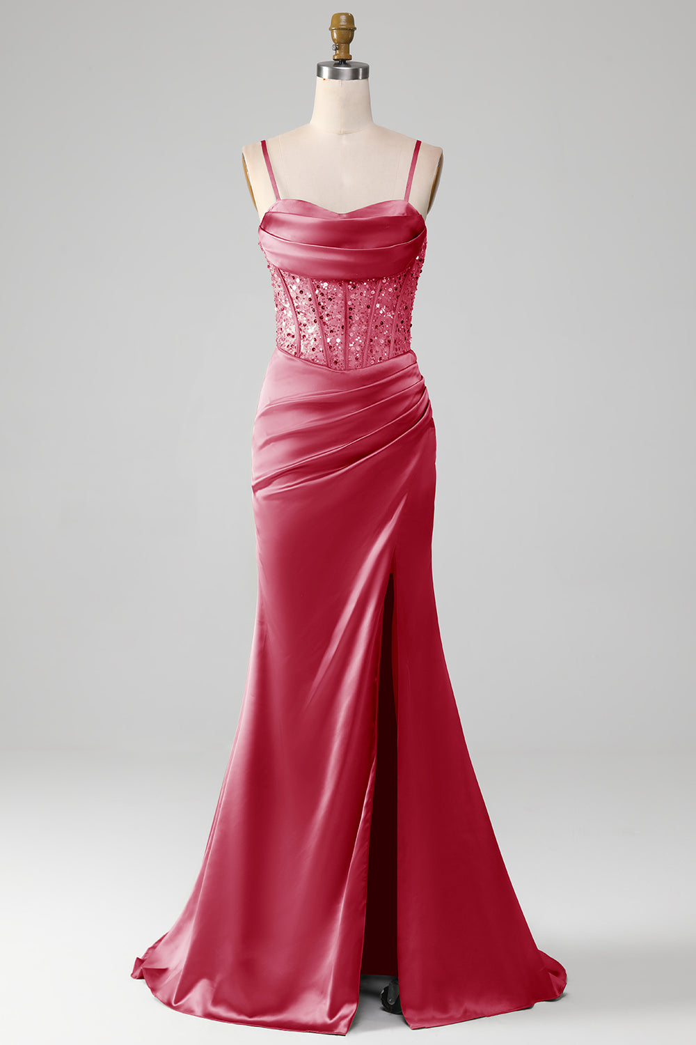 Vestido de fiesta sirena de satén verde salvia con corsé, plisados y tirantes finos