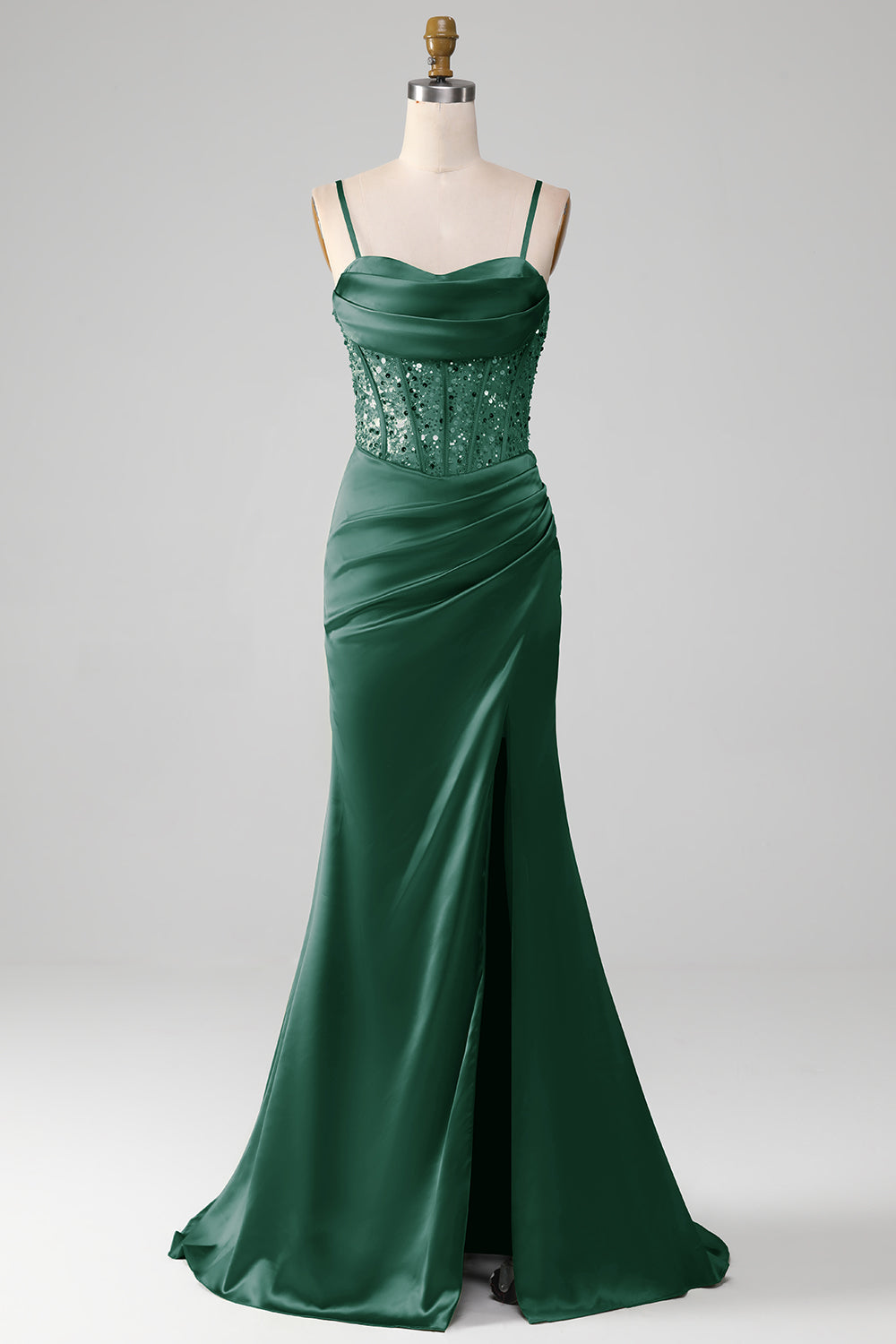 Salbeigrünes Spaghettiträger Satin Plissee Meerjungfrau Korsett Ballkleid