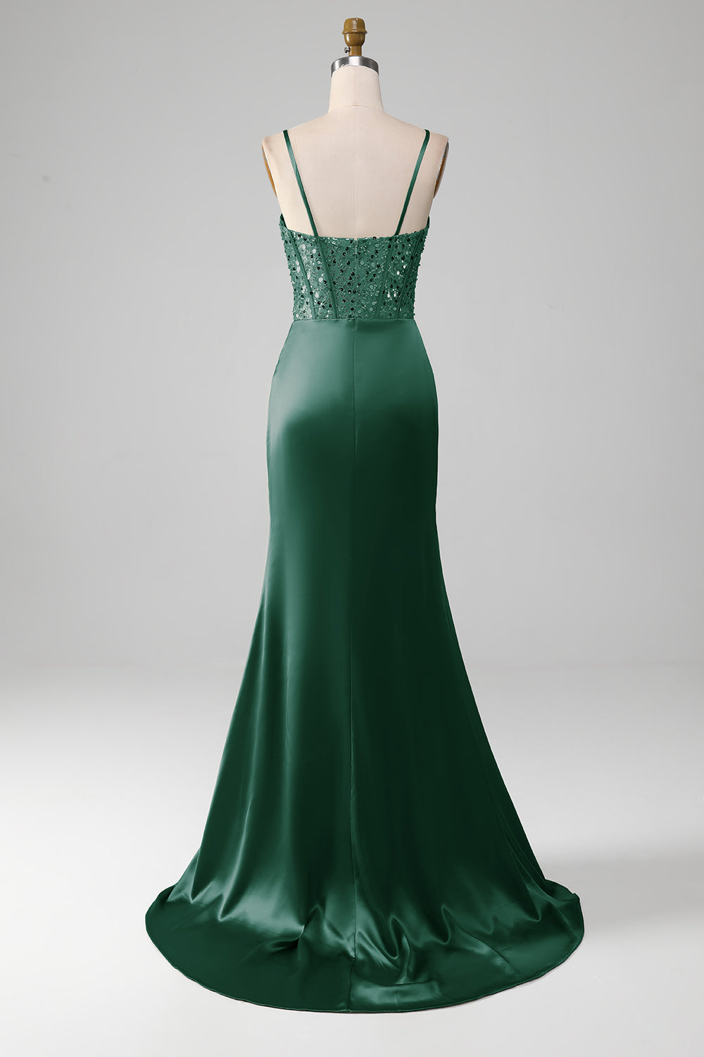 Salbeigrünes Spaghettiträger Satin Plissee Meerjungfrau Korsett Ballkleid