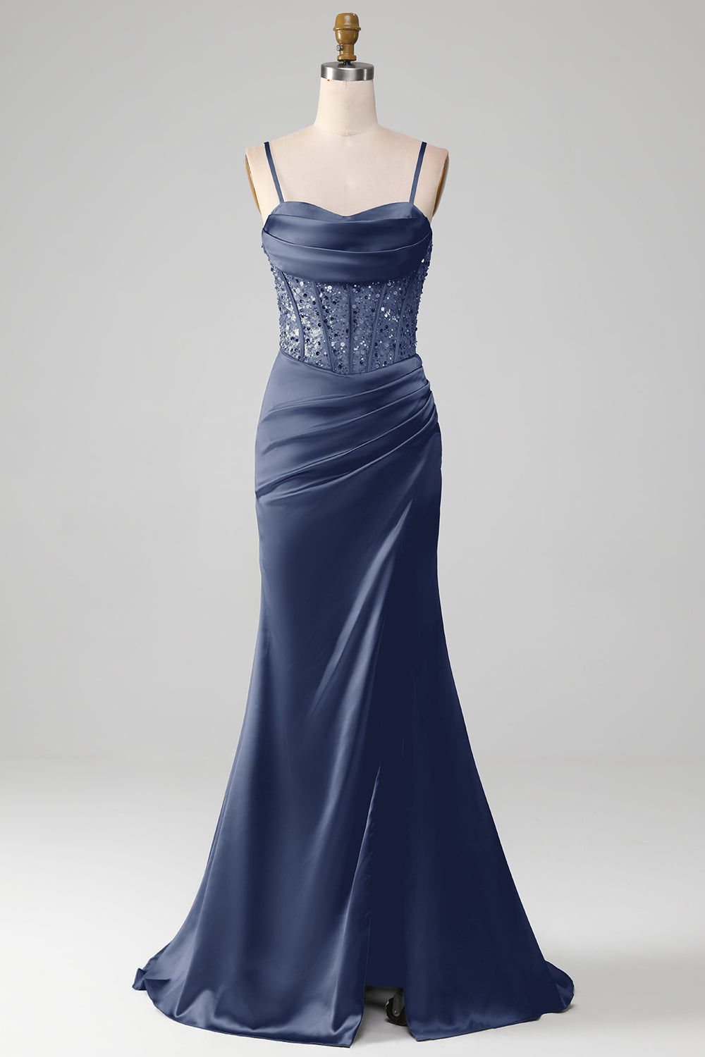 Salbeigrünes Spaghettiträger Satin Plissee Meerjungfrau Korsett Ballkleid
