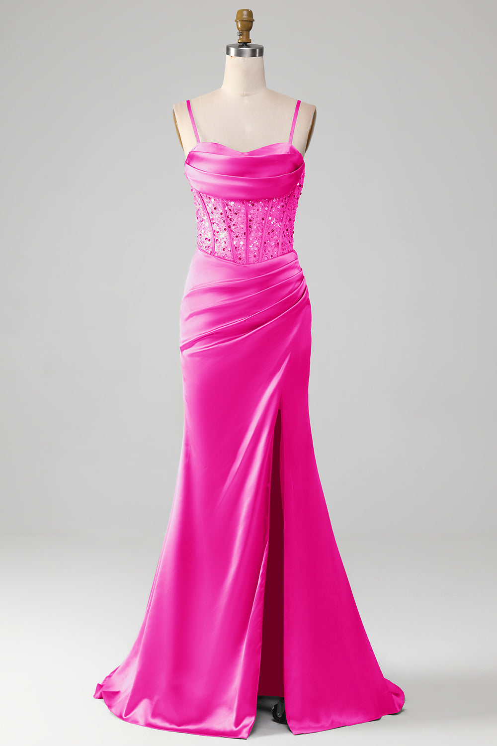 Salbeigrünes Spaghettiträger Satin Plissee Meerjungfrau Korsett Ballkleid