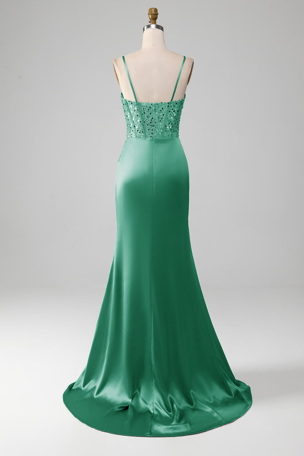Salbeigrünes Spaghettiträger Satin Plissee Meerjungfrau Korsett Ballkleid