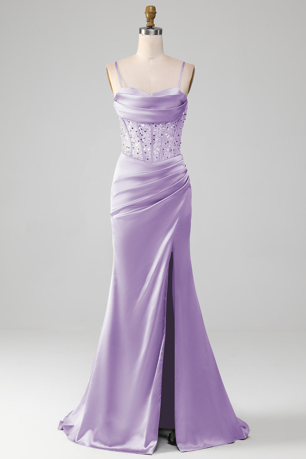 Salbeigrünes Spaghettiträger Satin Plissee Meerjungfrau Korsett Ballkleid