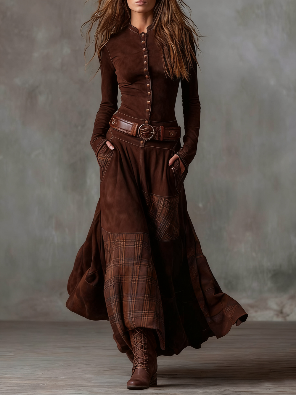Élise | Vestido Maxi de Efecto Ante con Cinturón
