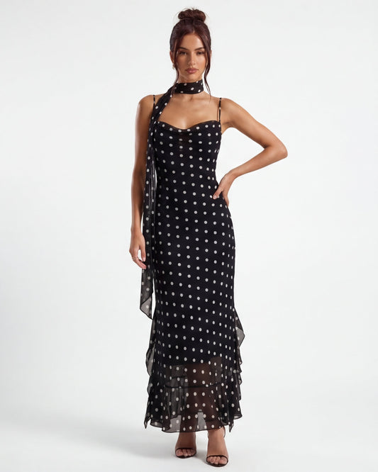 Vestido Largo de Topos Negro