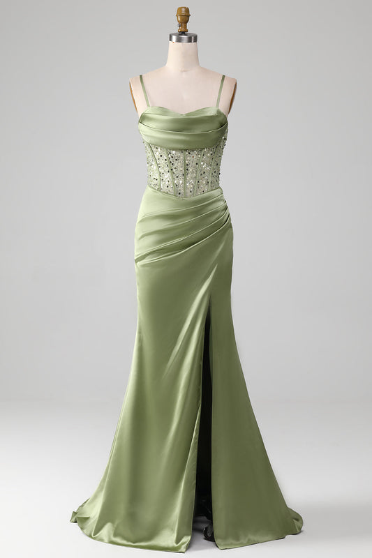 Salbeigrünes Spaghettiträger Satin Plissee Meerjungfrau Korsett Ballkleid