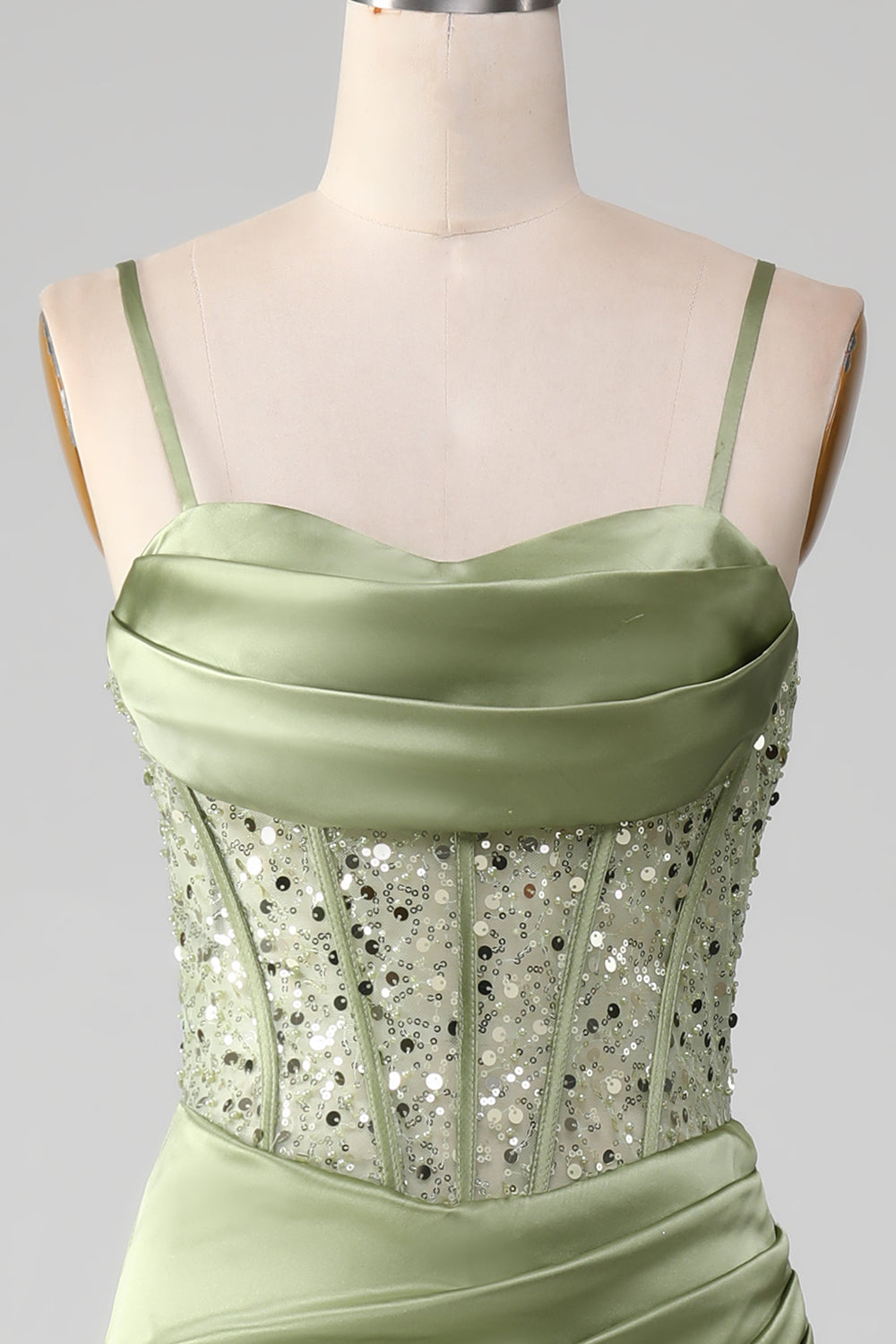 Salbeigrünes Spaghettiträger Satin Plissee Meerjungfrau Korsett Ballkleid