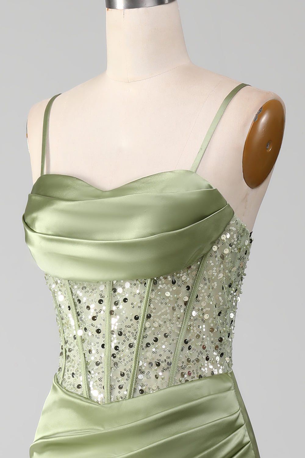Salbeigrünes Spaghettiträger Satin Plissee Meerjungfrau Korsett Ballkleid